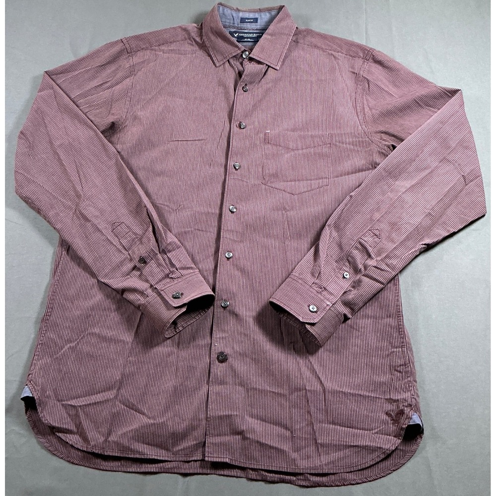 American Eagle Mens MT Slim Fit Burgundy Micro Stripe Long Sleeve Button Down